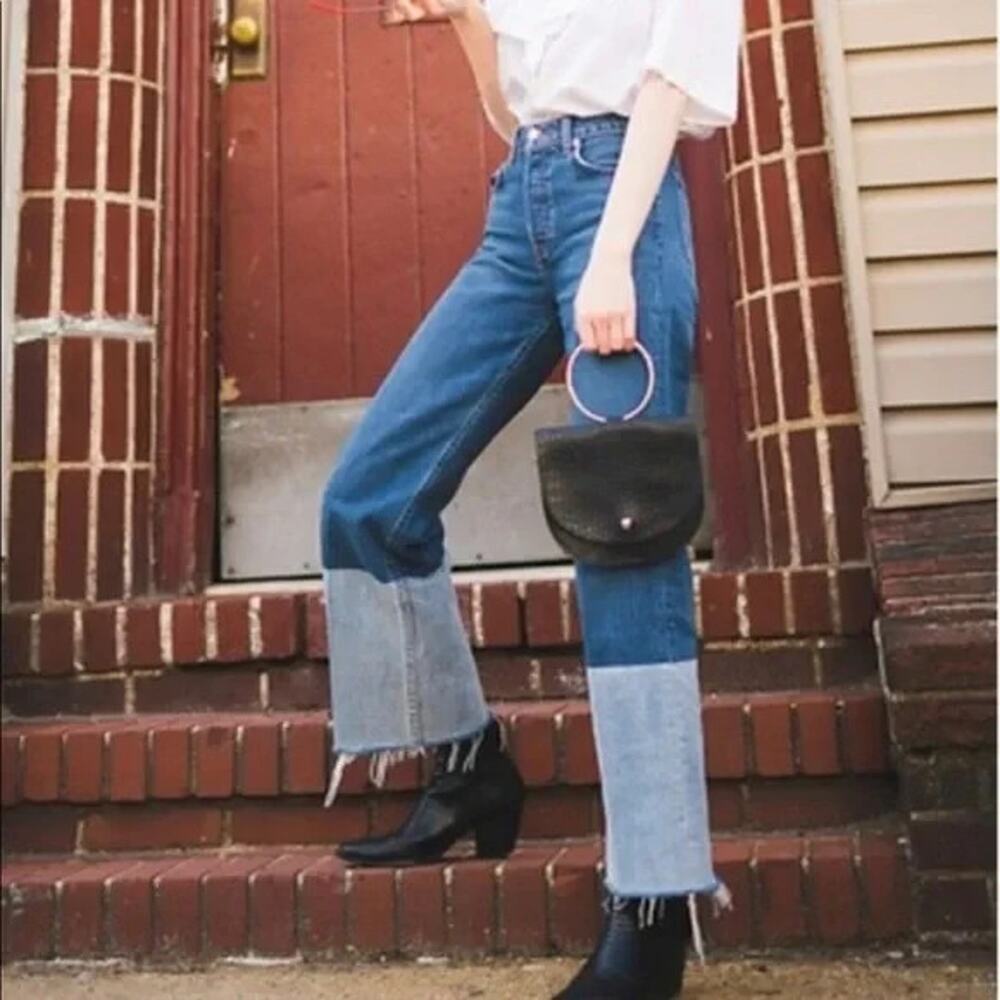 Reformation Fawcett High Rise Jeans in Solomon Wide Leg Raw Hem Two Tone Size 26